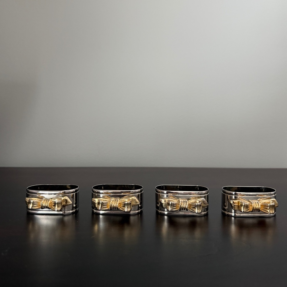 Vintage Napkin Rings Gold Bow and Silver Plated Set of 4
